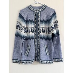 Alpaca Connection Blue Llama Intarsia Zip Up Cardigan Sweater Womens Medium Peru